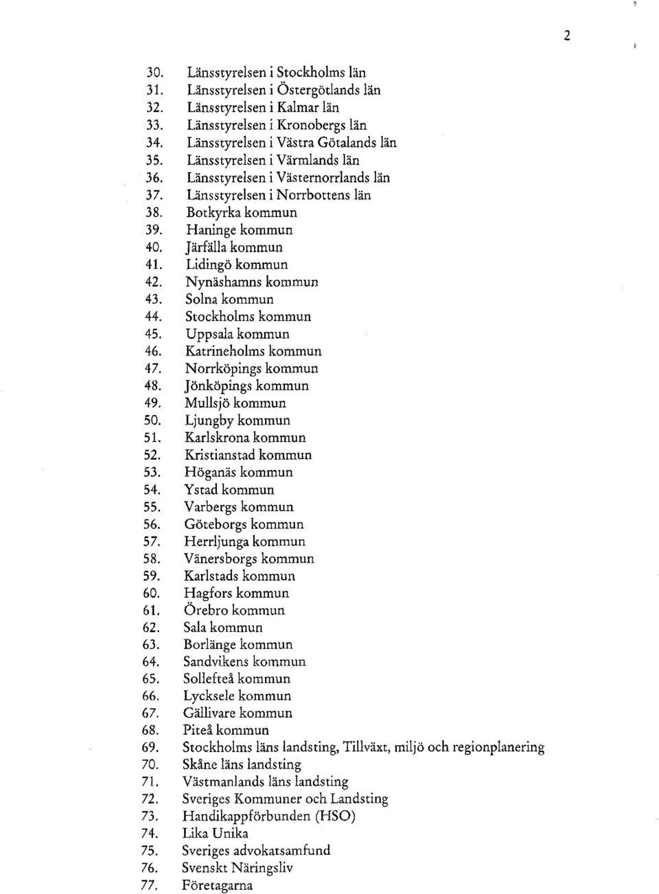 Nynäshamns kommun 43. Solna kommun 44. Stockholms kommun 45. Uppsala kommun 46. Katrineholms kommun 47. Norrköpings kommun 48. Jönköpings kommun 49. Mullsjö kommun 50. Ljungby kommun 51.