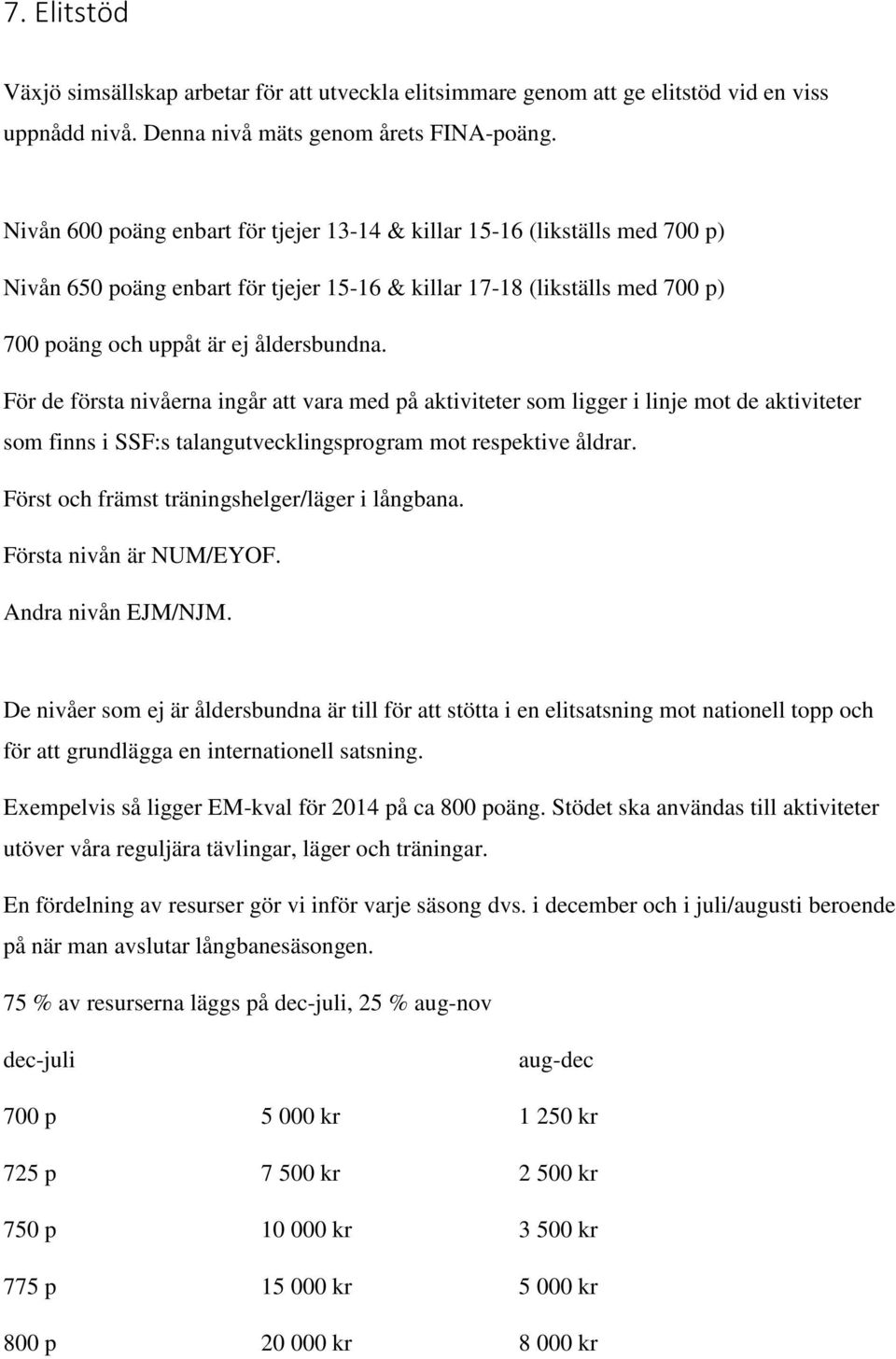 För de första nivåerna ingår att vara med på aktiviteter som ligger i linje mot de aktiviteter som finns i SSF:s talangutvecklingsprogram mot respektive åldrar.