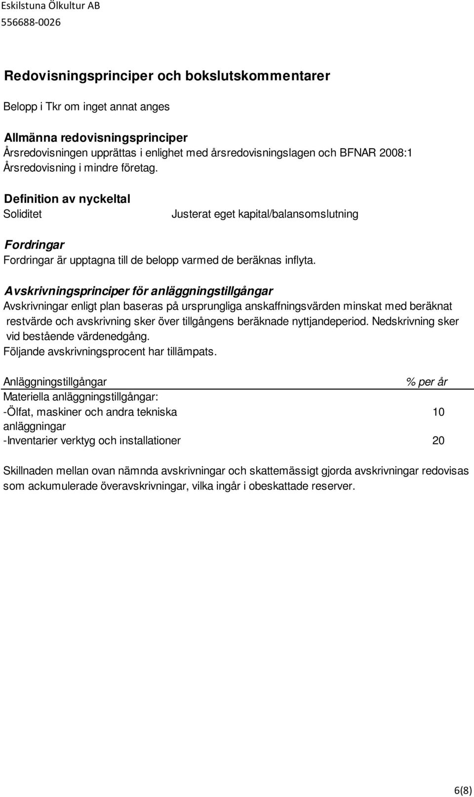 Avskrivningsprinciper för anläggningstillgångar Avskrivningar enligt plan baseras på ursprungliga anskaffningsvärden minskat med beräknat restvärde och avskrivning sker över tillgångens beräknade