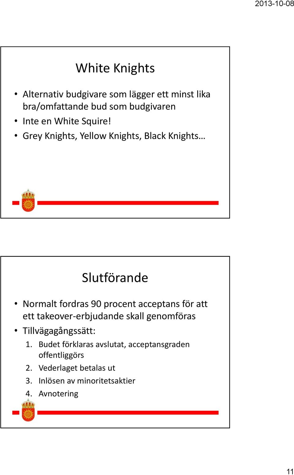 Grey Knights, Yellow Knights, Black Knights Slutförande Normalt fordras 90 procent acceptans för att