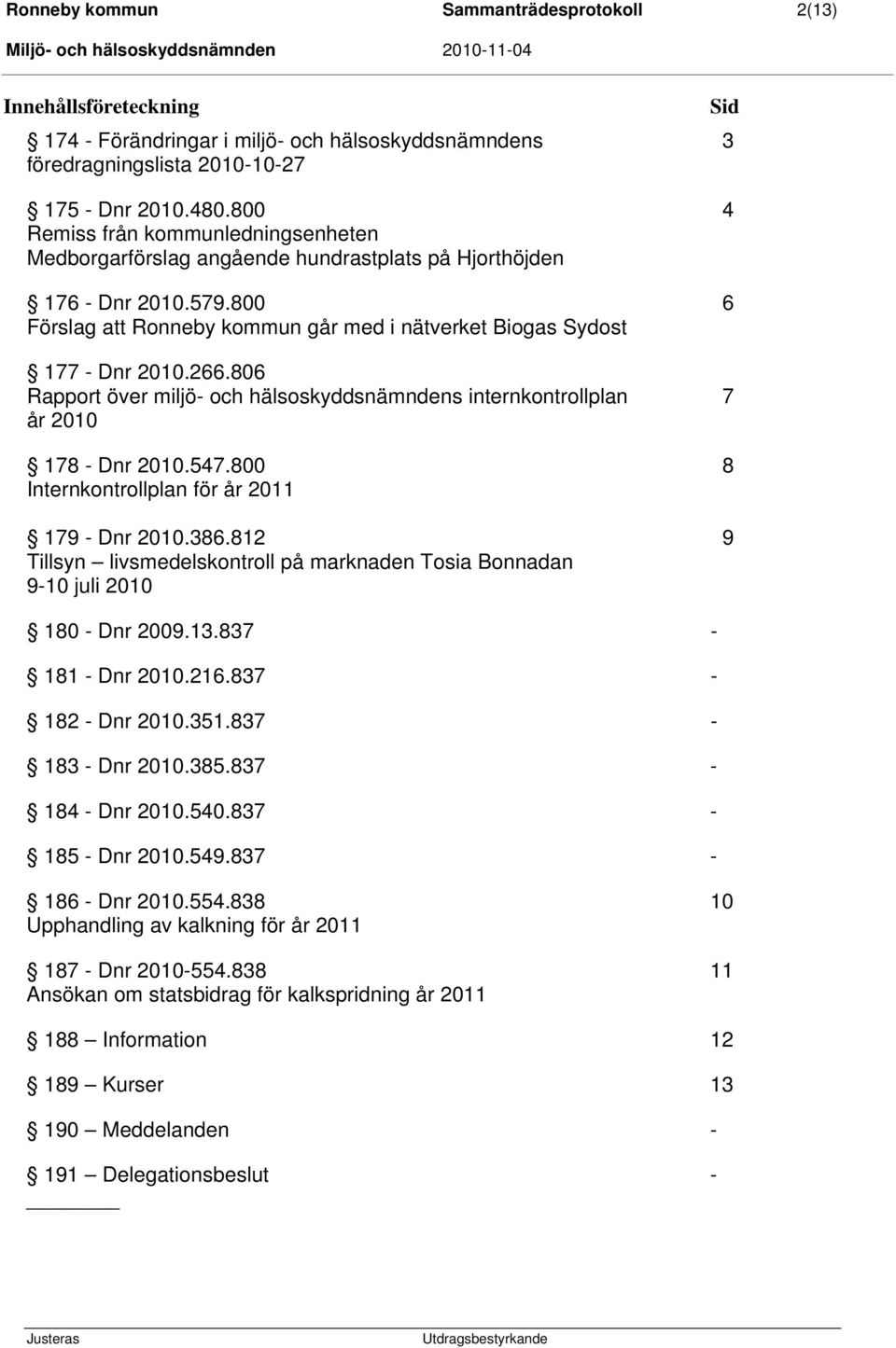 806 Rapport över miljö- och hälsoskyddsnämndens internkontrollplan 7 år 2010 178 - Dnr 2010.547.800 8 Internkontrollplan för år 2011 179 - Dnr 2010.386.