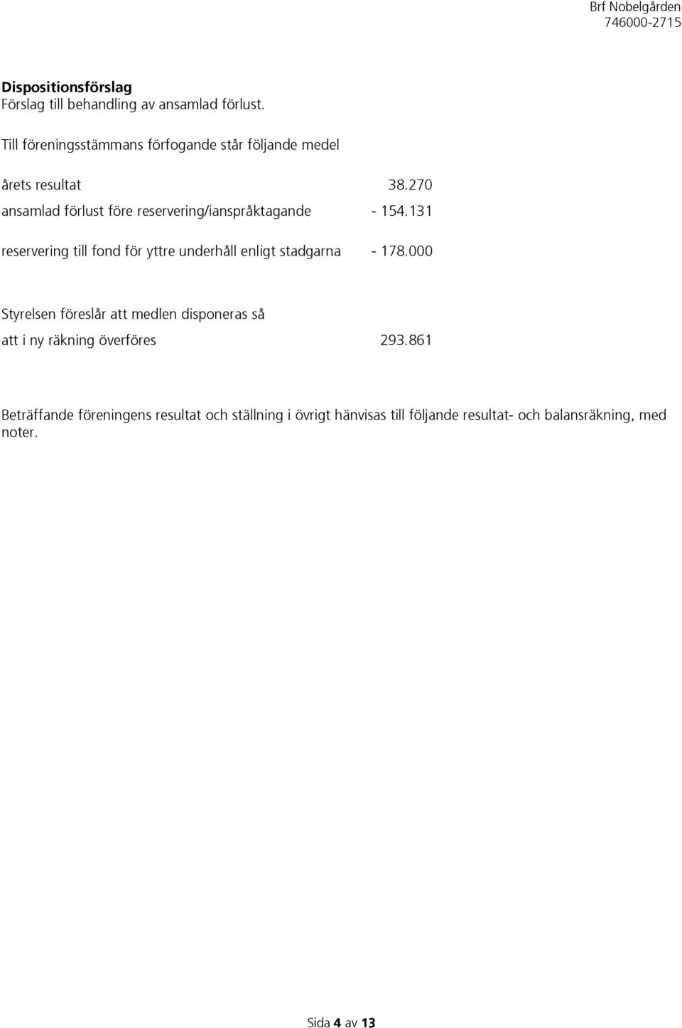 270 ansamlad förlust före reservering/ianspråktagande - 154.