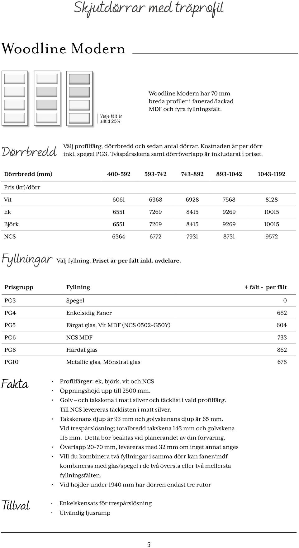 Dörrbredd (mm) 400-592 593-742 743-892 893-1042 1043-1192 Pris (kr)/dörr Vit 6061 6368 6928 7568 8128 Ek 6551 7269 8415 9269 10015 Björk 6551 7269 8415 9269 10015 NCS 6364 6772 7931 8731 9572