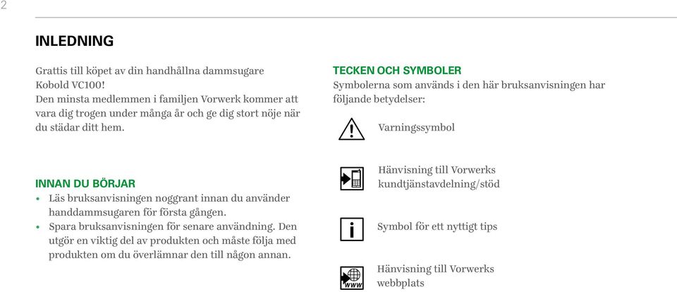 TECKEN OCH SYMBOLER Symbolerna som används i den här bruksanvisningen har följande betydelser: Varningssymbol INNAN DU BÖRJAR Läs bruksanvisningen noggrant innan du