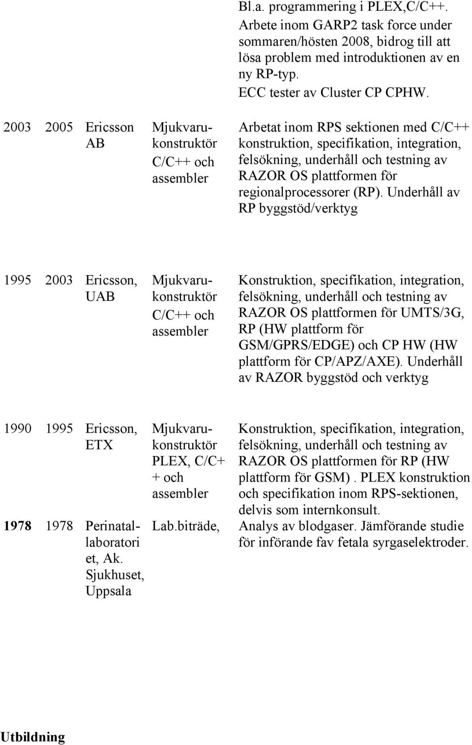 Arbetat inom RPS sektionen med C/C++ konstruktion, specifikation, integration, felsökning, underhåll och testning av RAZOR OS plattformen för regionalprocessorer (RP).