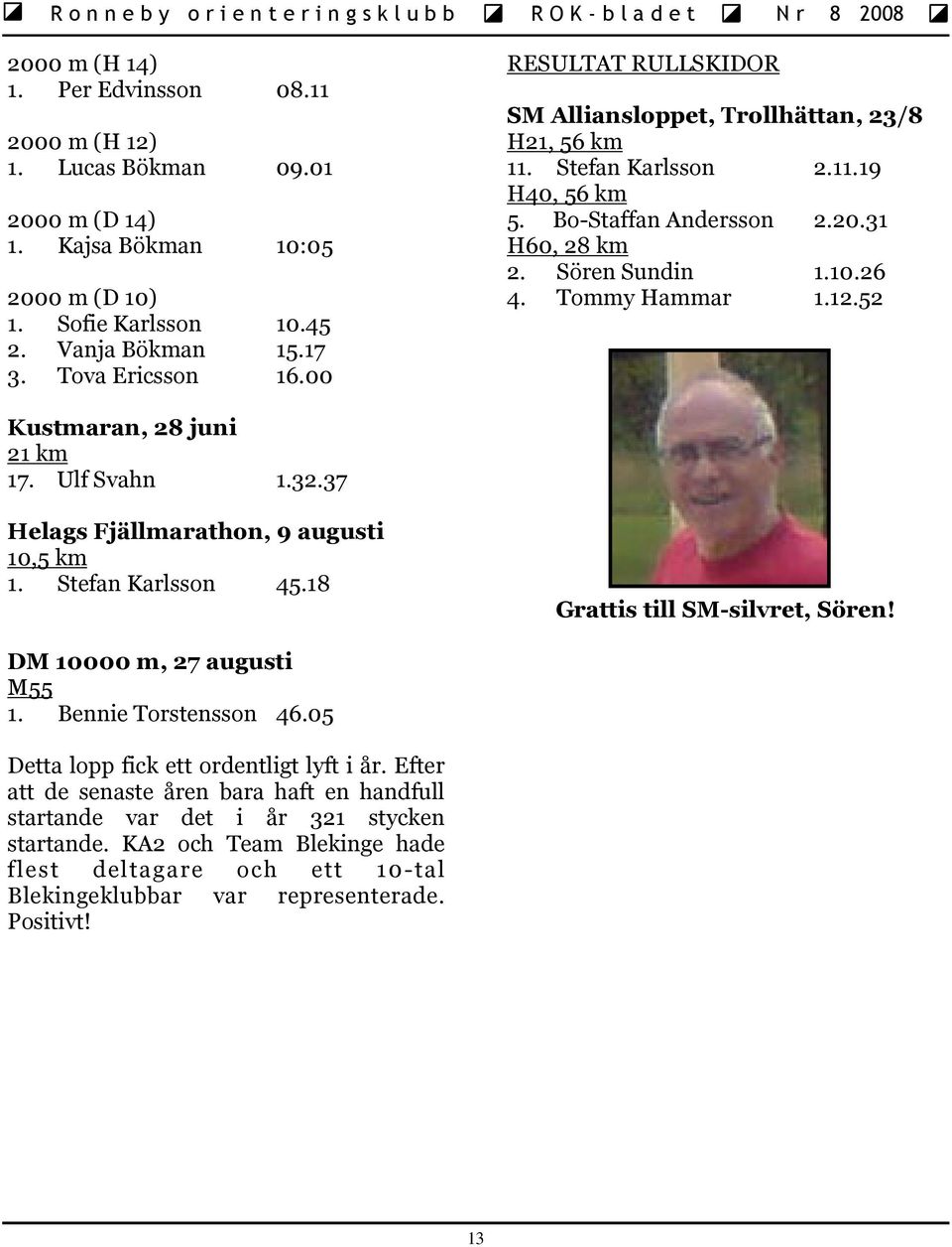 52 Kustmaran, 28 juni 21 km 17. Ulf Svahn 1.32.37 Helags Fjällmarathon, 9 augusti 10,5 km 1. Stefan Karlsson 45.18 Grattis till SM-silvret, Sören! DM 10000 m, 27 augusti M55 1. Bennie Torstensson 46.