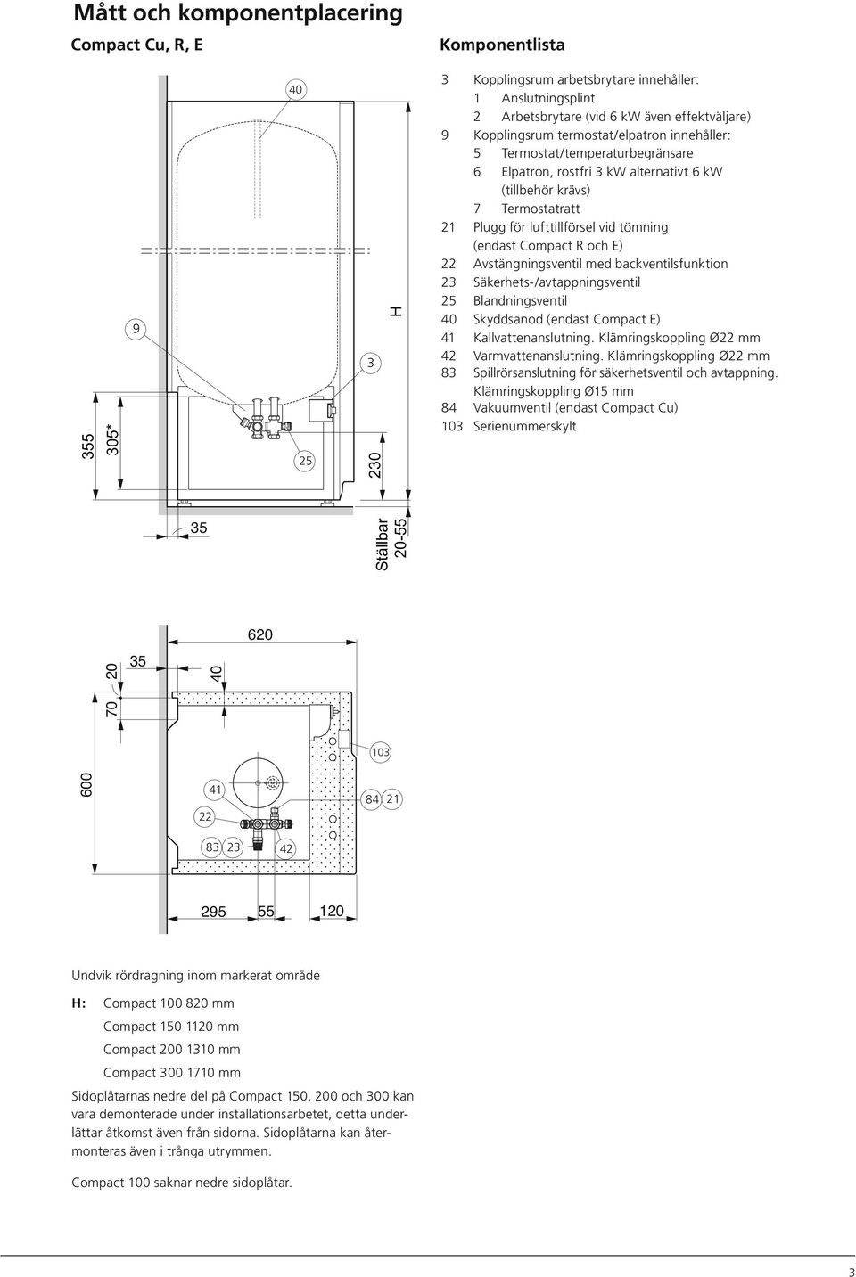 (endast Compact R och E) 22 Avstängningsventil med backventilsfunktion 23 Säkerhets-/avtappningsventil 25 Blandningsventil 40 Skyddsanod (endast Compact E) 41 Kallvattenanslutning.