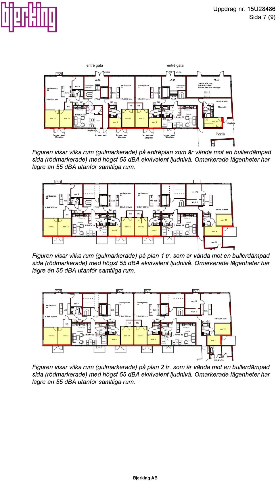 Omarkerade lägenheter har lägre än 55 dba utanför samtliga rum. Figuren visar vilka rum (gulmarkerade) på plan 1 tr.