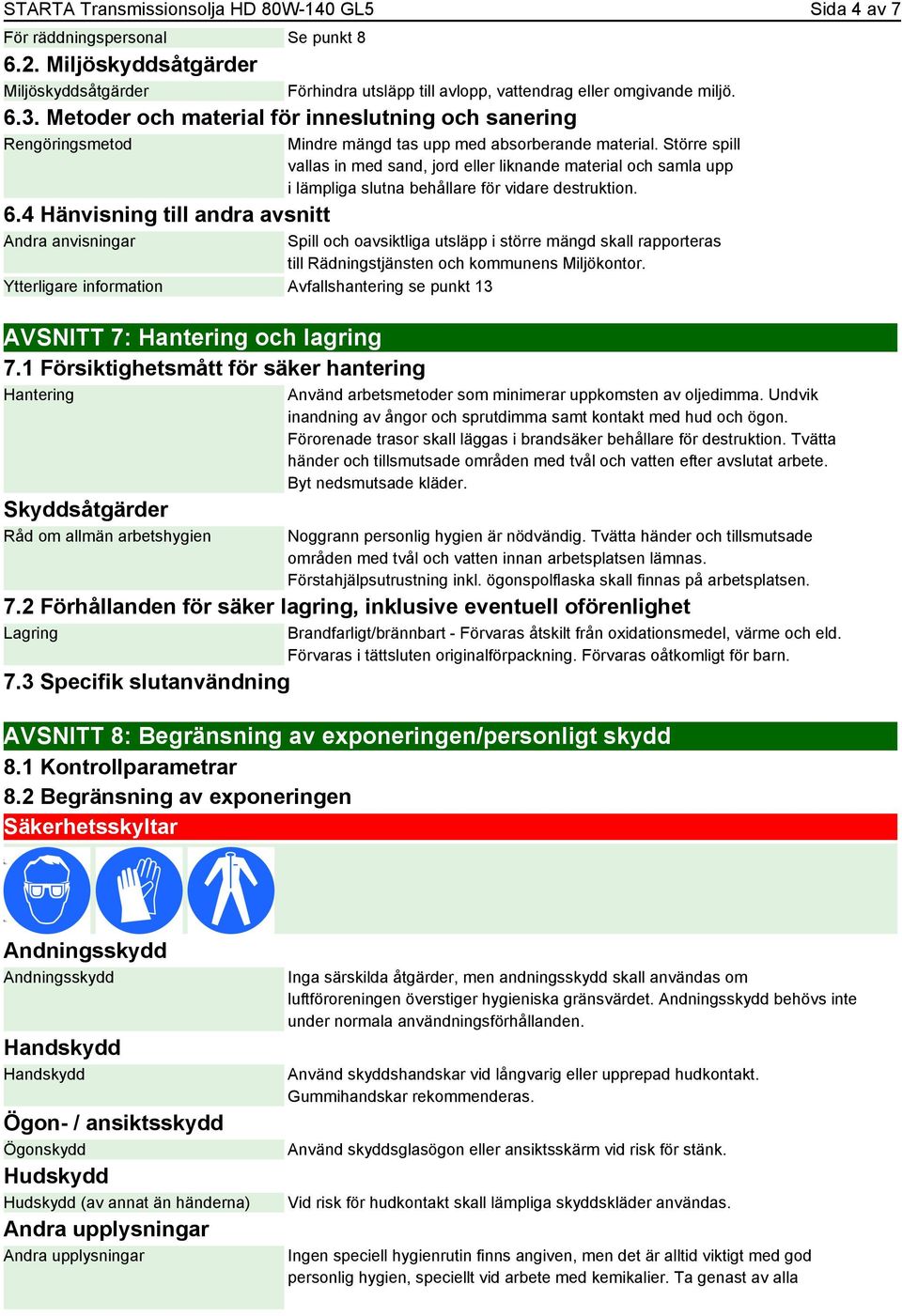Mindre mängd tas upp med absorberande material. Större spill vallas in med sand, jord eller liknande material och samla upp i lämpliga slutna behållare för vidare destruktion.