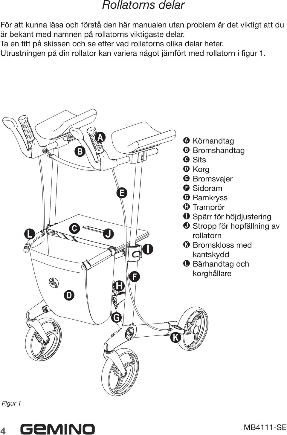 Utrustningen på din rollator kan variera något jämfört med rollatorn i figur 1.
