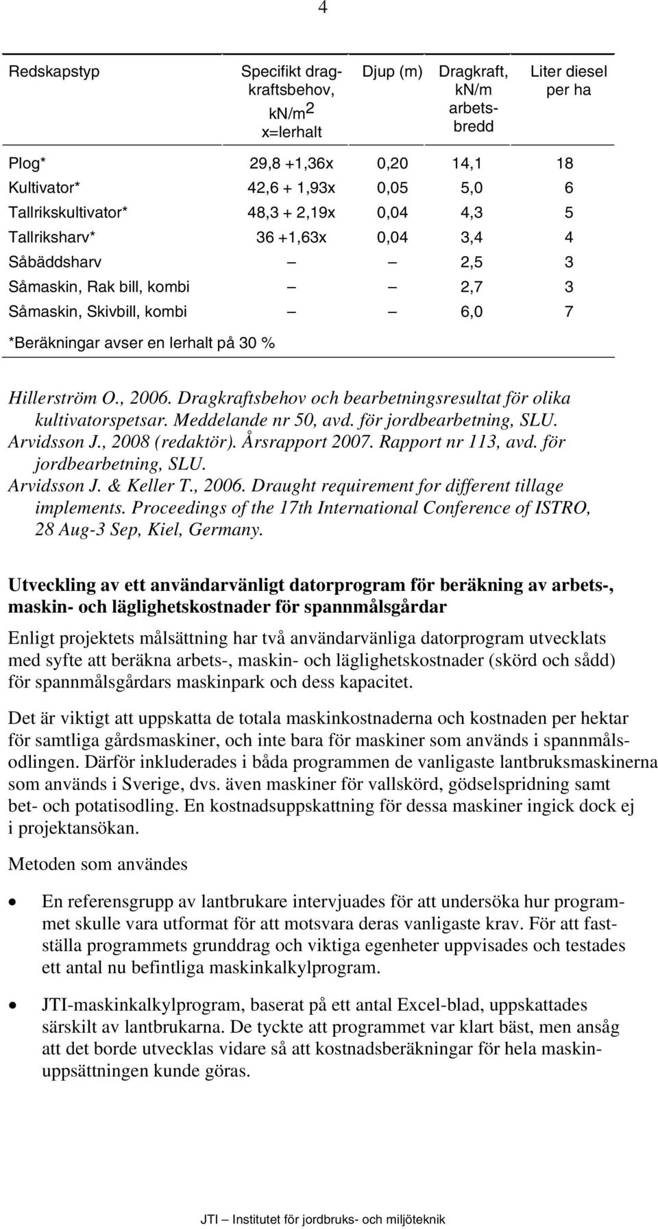 , 2006. Dragkraftsbehov och bearbetningsresultat för olika kultivatorspetsar. Meddelande nr 50, avd. för jordbearbetning, SLU. Arvidsson J., 2008 (redaktör). Årsrapport 2007. Rapport nr 113, avd.