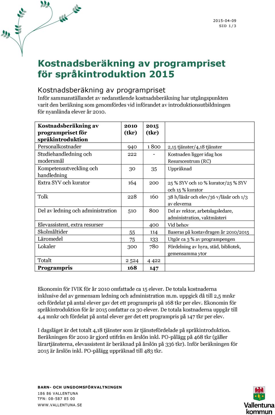 Kostnadsberäkning av programpriset för språkintroduktion 2010 (tkr) 2015 (tkr) Personalkostnader 940 1 800 2,15 tjänster/4,18 tjänster Studiehandledning och modersmål Kompetensutveckling och