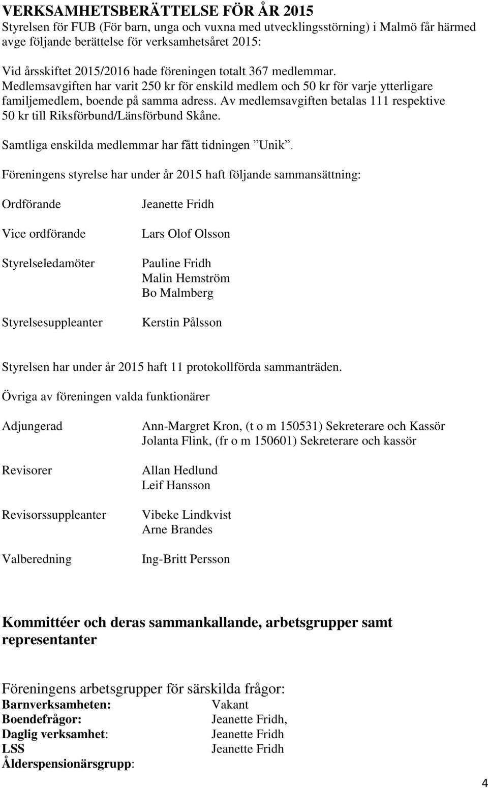Av medlemsavgiften betalas 111 respektive 50 kr till Riksförbund/Länsförbund Skåne. Samtliga enskilda medlemmar har fått tidningen Unik.