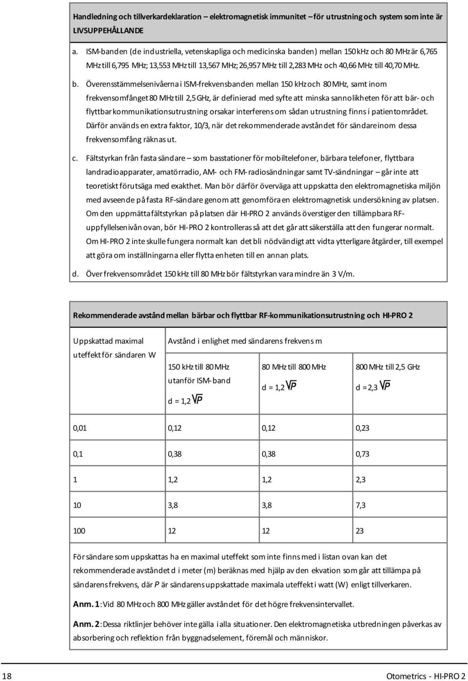 nden) mellan 150kHz och 80 MHzär 6,765 MHztill 6,795 MHz; 13,553MHztill 13,567MHz; 26,957MHz till 2,283MHz och 40,66MHz till 40,70MHz. b.