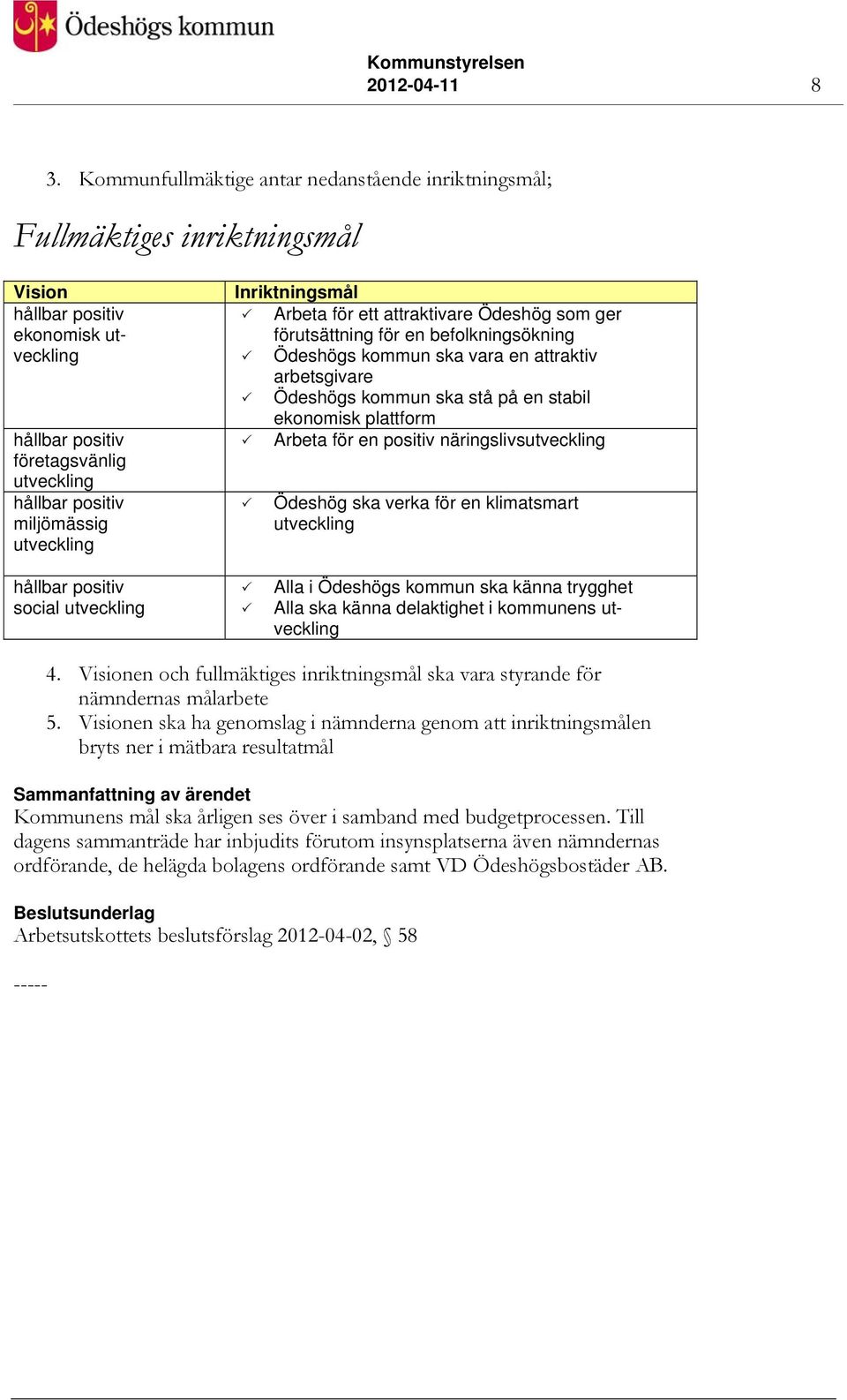 utveckling Inriktningsmål Arbeta för ett attraktivare Ödeshög som ger förutsättning för en befolkningsökning Ödeshögs kommun ska vara en attraktiv arbetsgivare Ödeshögs kommun ska stå på en stabil