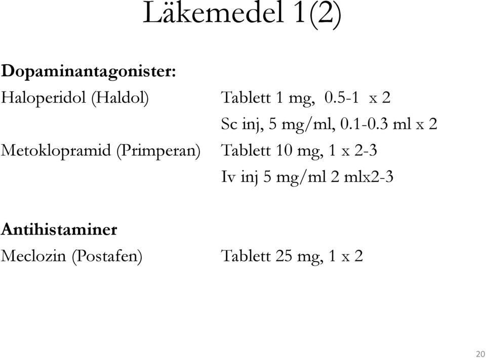 3 ml x 2 Metoklopramid (Primperan) Tablett 10 mg, 1 x 2-3 Iv