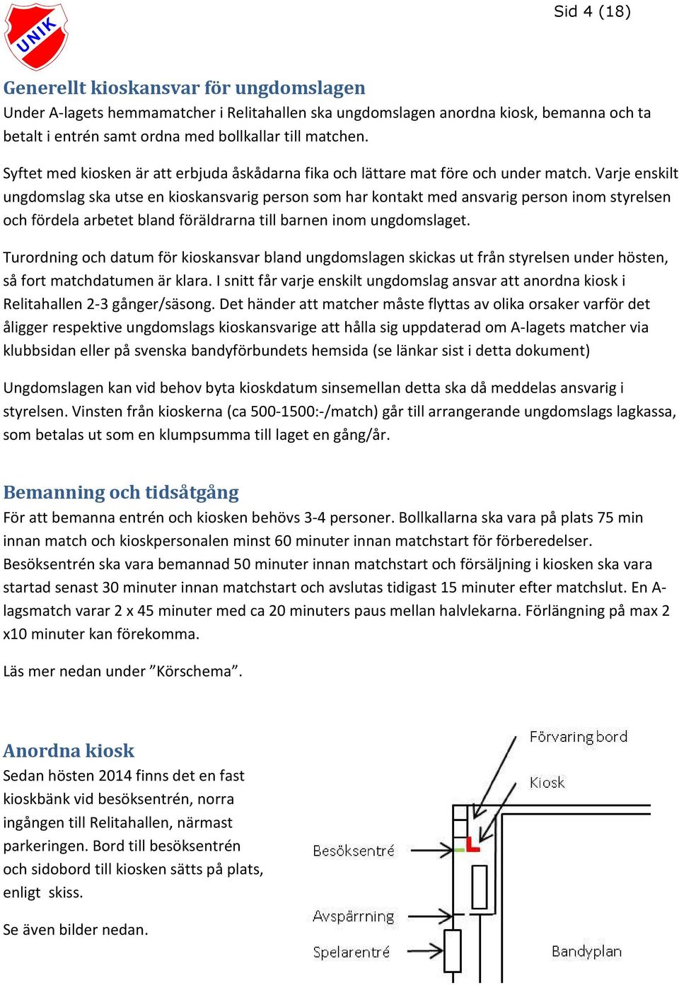 Varje enskilt ungdomslag ska utse en kioskansvarig person som har kontakt med ansvarig person inom styrelsen och fördela arbetet bland föräldrarna till barnen inom ungdomslaget.