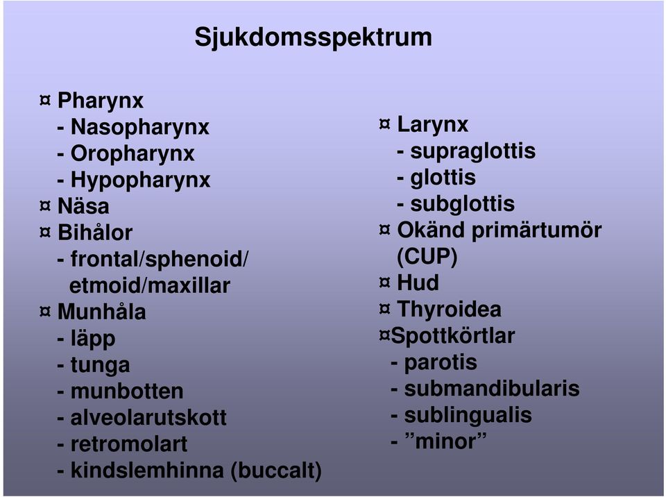 retromolart - kindslemhinna (buccalt) Larynx - supraglottis - glottis - subglottis Okänd
