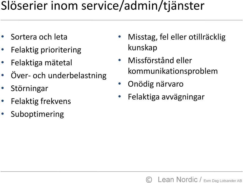 Felaktig frekvens Suboptimering Misstag, fel eller otillräcklig