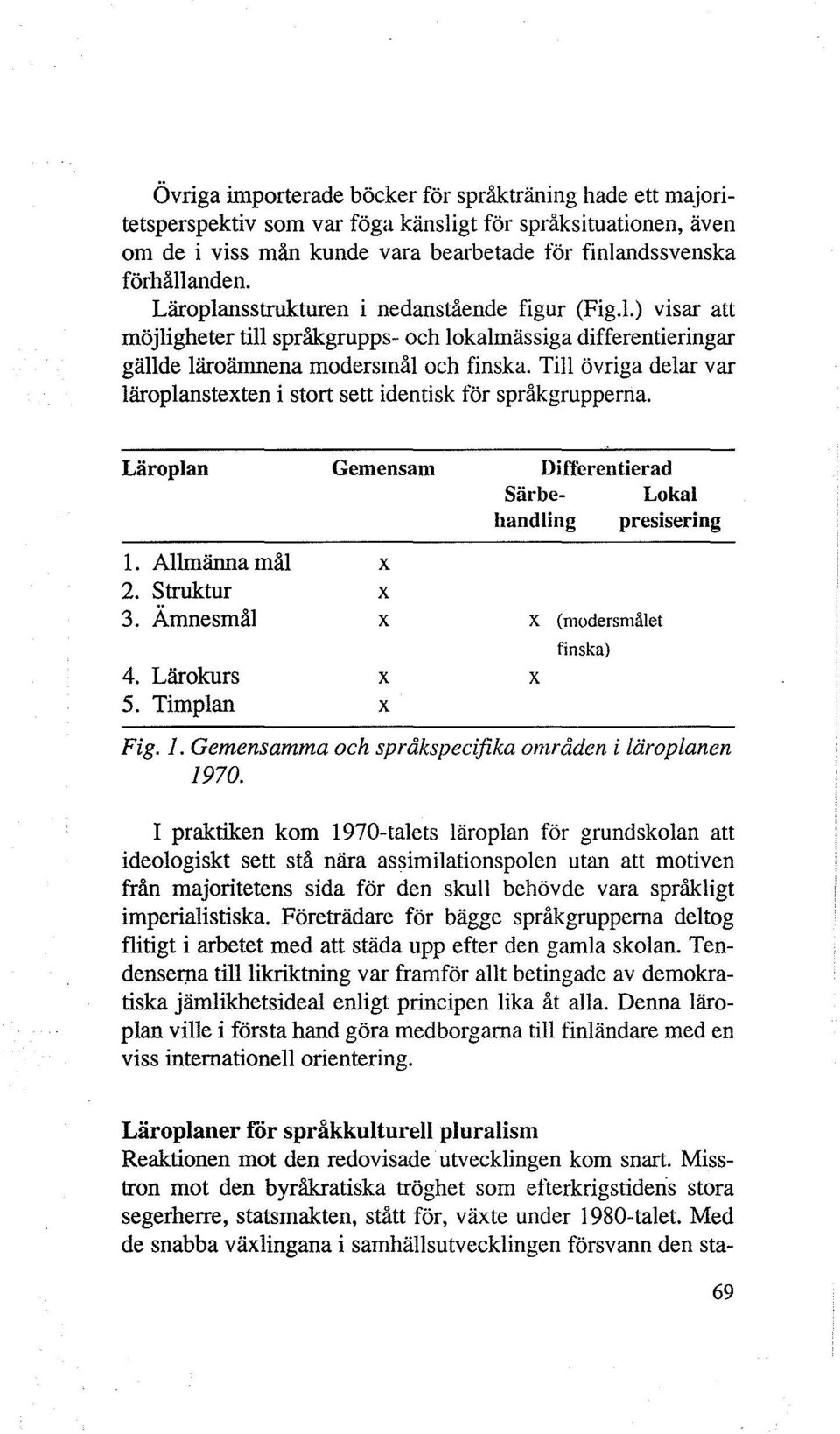 Till övriga delar var läroplanstexten i stort sett identisk för språkgrupperna. Läroplan 1. Allmänna mål 2. Struktur 3. Ämnesmål 4. Lärokurs 5.