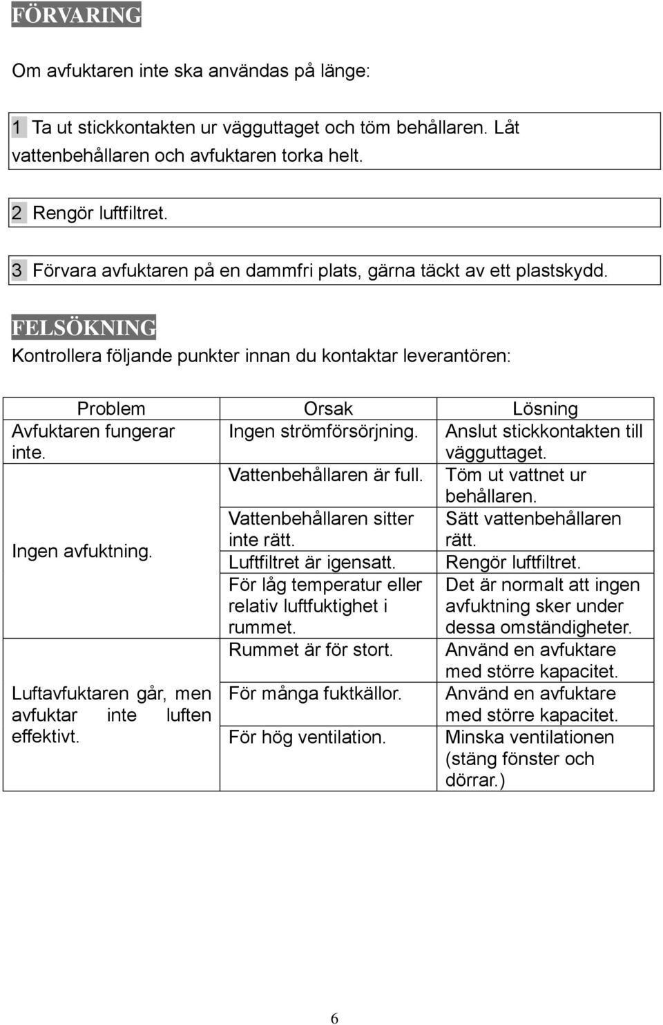 Ingen strömförsörjning. Anslut stickkontakten till vägguttaget. Vattenbehållaren är full. Töm ut vattnet ur behållaren. Vattenbehållaren sitter Sätt vattenbehållaren Ingen avfuktning. inte rätt.