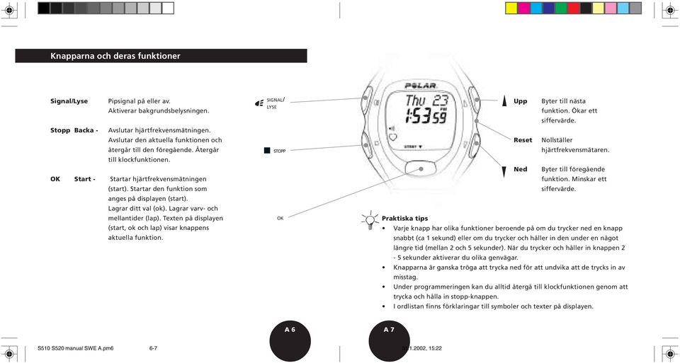 Lagrar ditt val (ok). Lagrar varv- och mellantider (lap). Texten på displayen (start, ok och lap) visar knappens aktuella funktion. SIGNAL/ LYSE STOPP OK Upp Byter till nästa funktion.