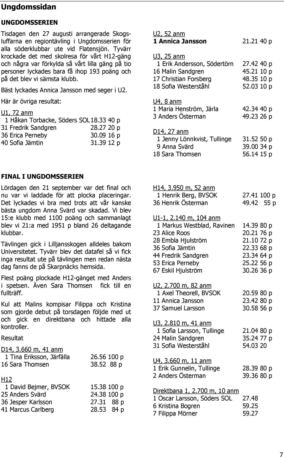Bäst lyckades Annica Jansson med seger i U2. Här är övriga resultat: U1, 72 anm 1 Håkan Torbacke, Söders SOL18.33 40 p 31 Fredrik Sandgren 28.27 20 p 36 Erica Perneby 30.09 16 p 40 Sofia Jämtin 31.