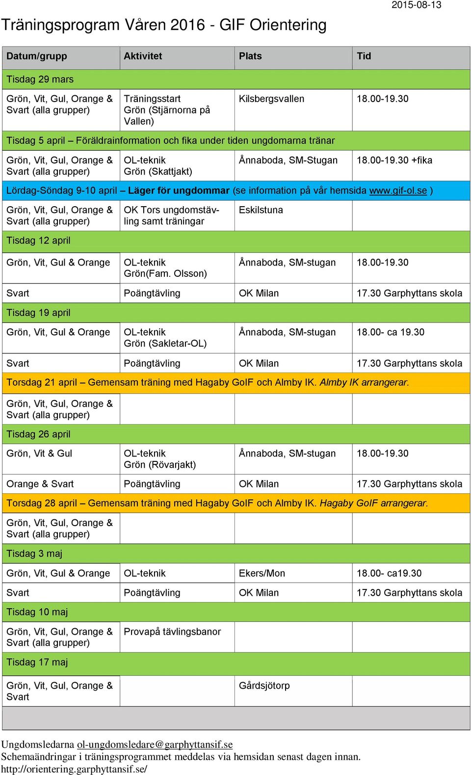 30 +fika Lördag-Söndag 9-10 april Läger för ungdommar (se information på vår hemsida www.gif-ol.se ) Tisdag 12 april Grön, Vit, Gul & Orange OK Tors ungdomstävling samt träningar Grön(Fam.