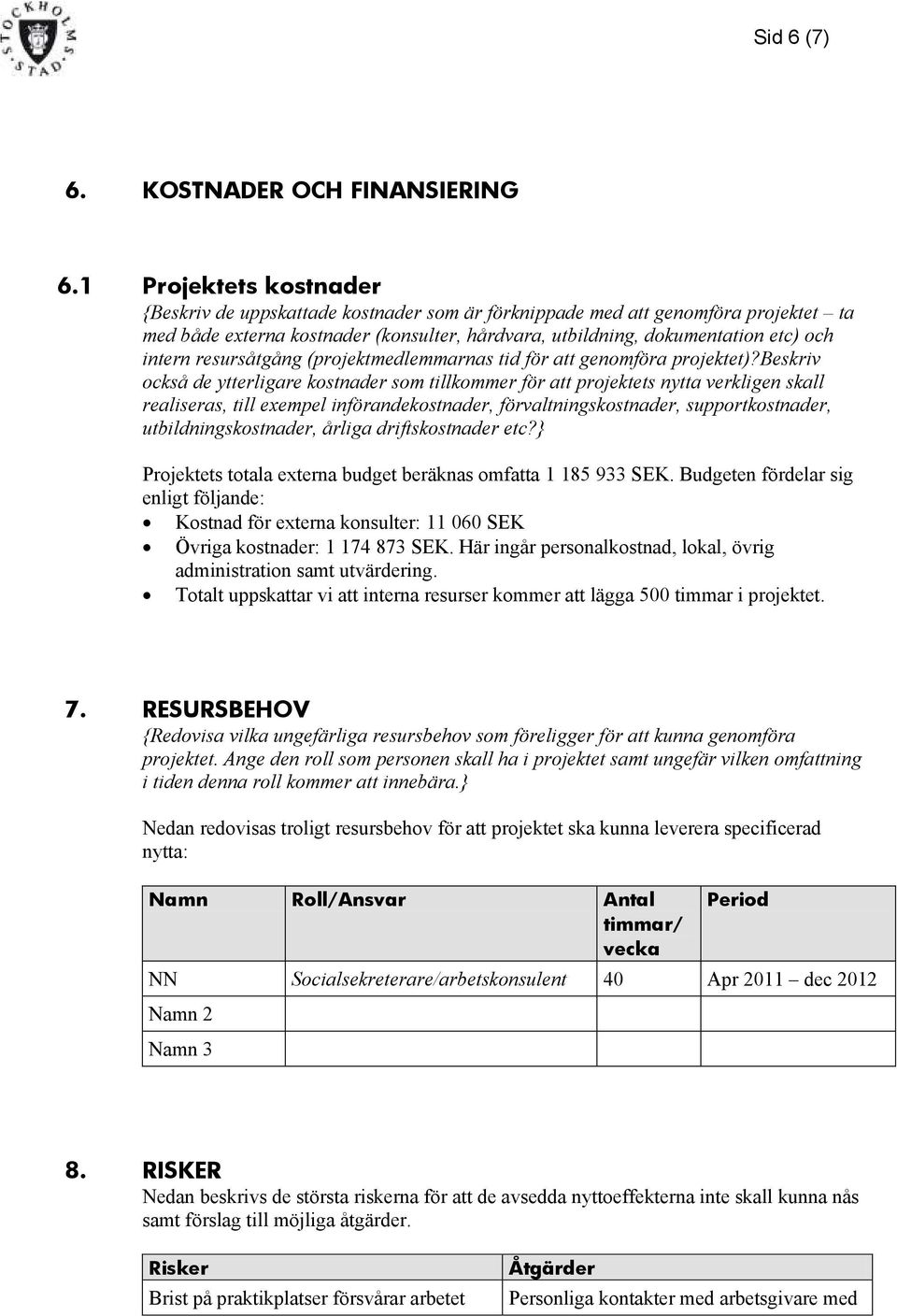 resursåtgång (projektmedlemmarnas tid för att genomföra projektet)?