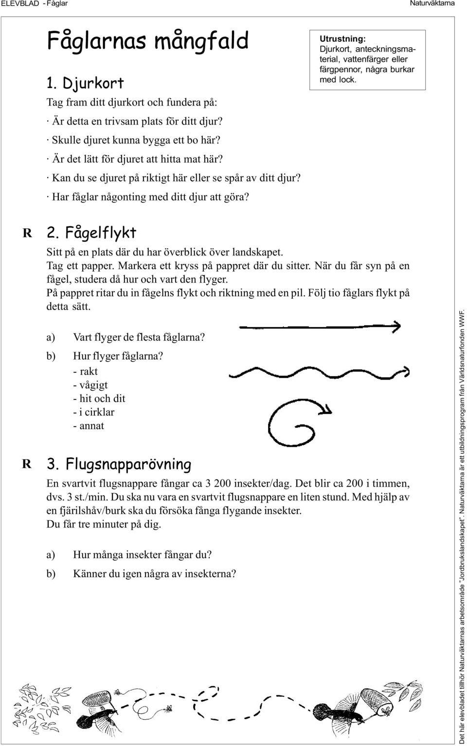 Utrustning: Djurkort, anteckningsmaterial, vattenfärger eller färgpennor, några burkar med lock. R R 2. Fågelflykt Sitt på en plats där du har överblick över landskapet. Tag ett papper.