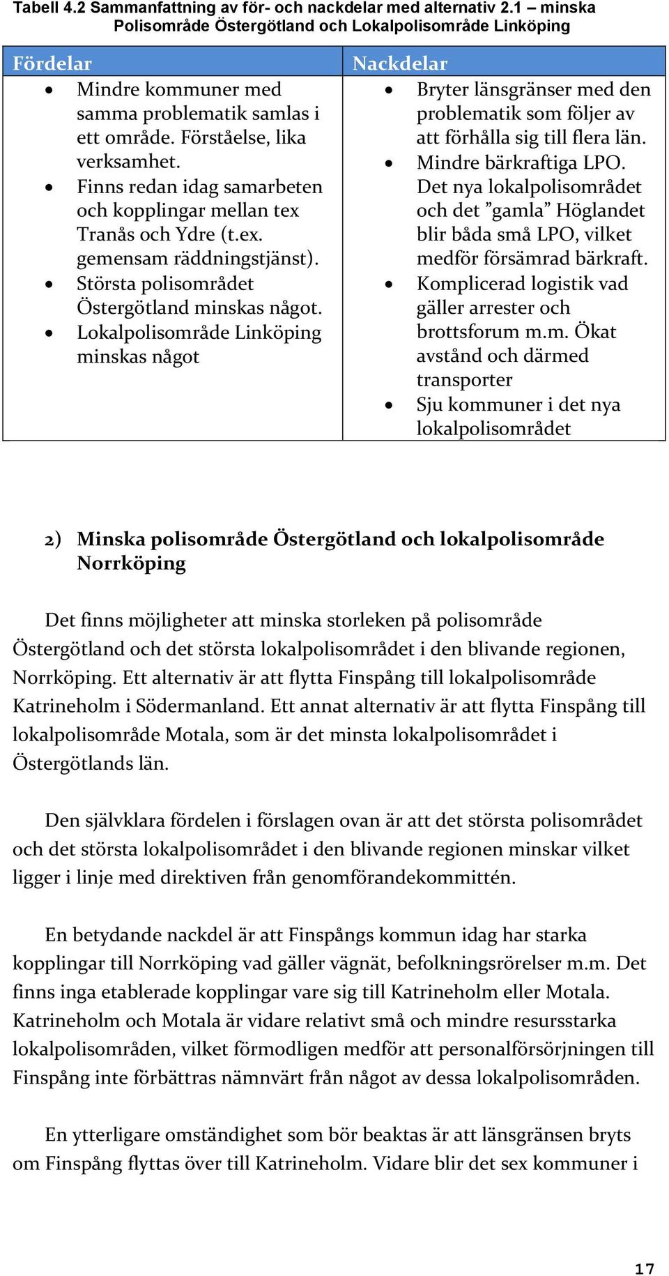 Lokalpolisområde Linköping minskas något Nackdelar Bryter länsgränser med den problematik som följer av att förhålla sig till flera län. Mindre bärkraftiga LPO.
