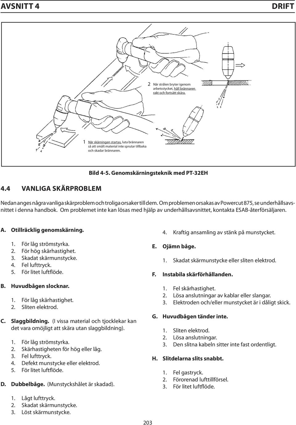 Genomskärningsteknik med PT-32EH Nedan anges några vanliga skärproblem och troliga orsaker till dem. Om problemen orsakas av Powercut 875, se underhållsavsnittet i denna handbok.