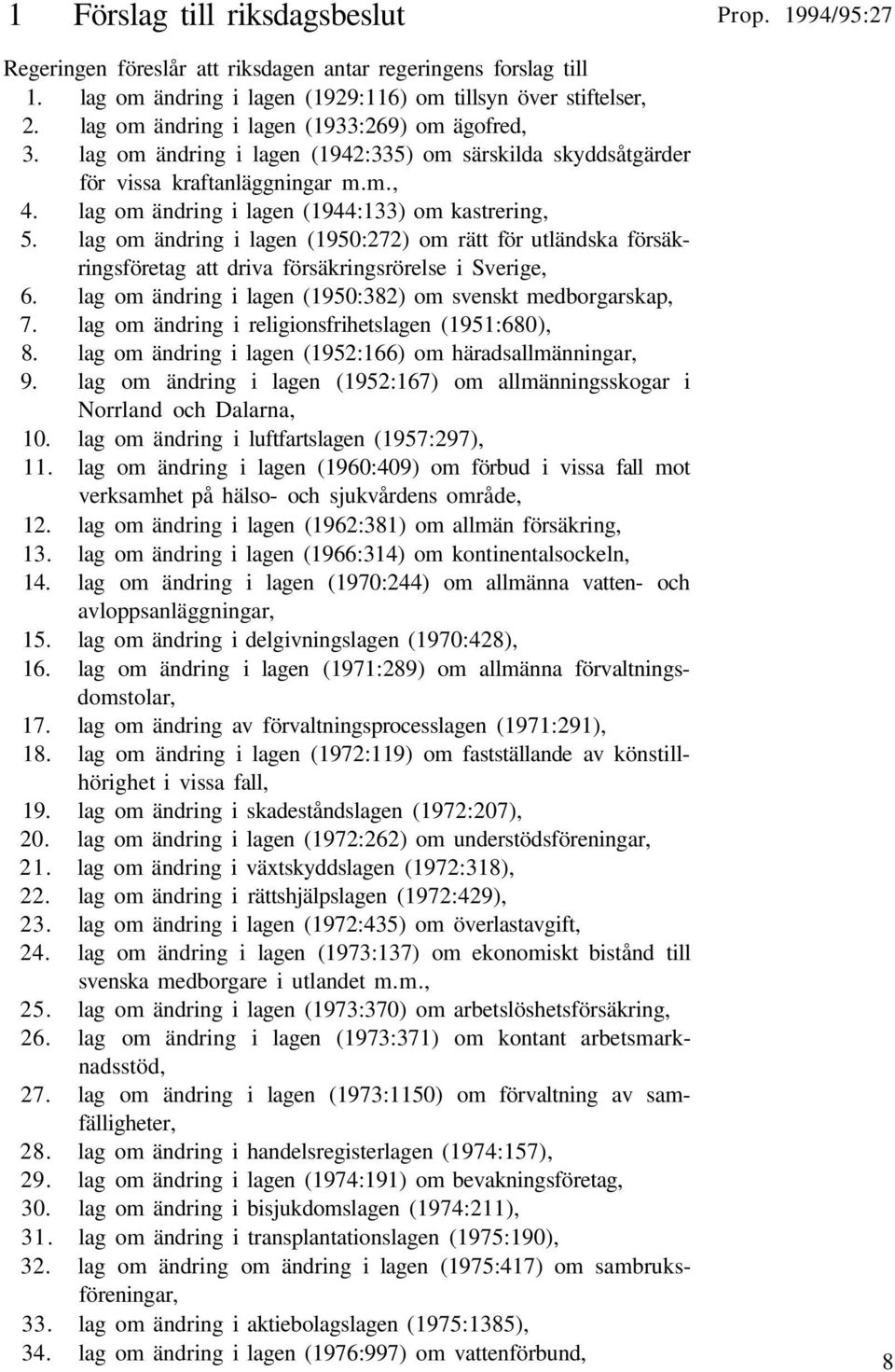 lag om ändring i lagen (1950:272) om rätt för utländska försäkringsföretag att driva försäkringsrörelse i Sverige, 6. lag om ändring i lagen (1950:382) om svenskt medborgarskap, 7.