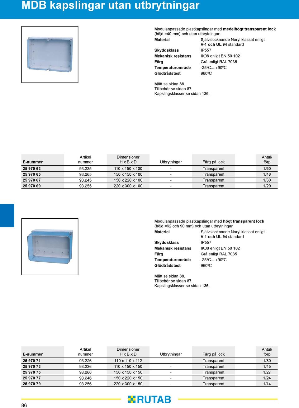 255 220 x 300 x 100 - Transparent 1/20 Modulanpassade plastkapslingar med högt transparent lock (höjd =62 och 90 mm) och utan utbrytningar. E- 25 970 71 93.