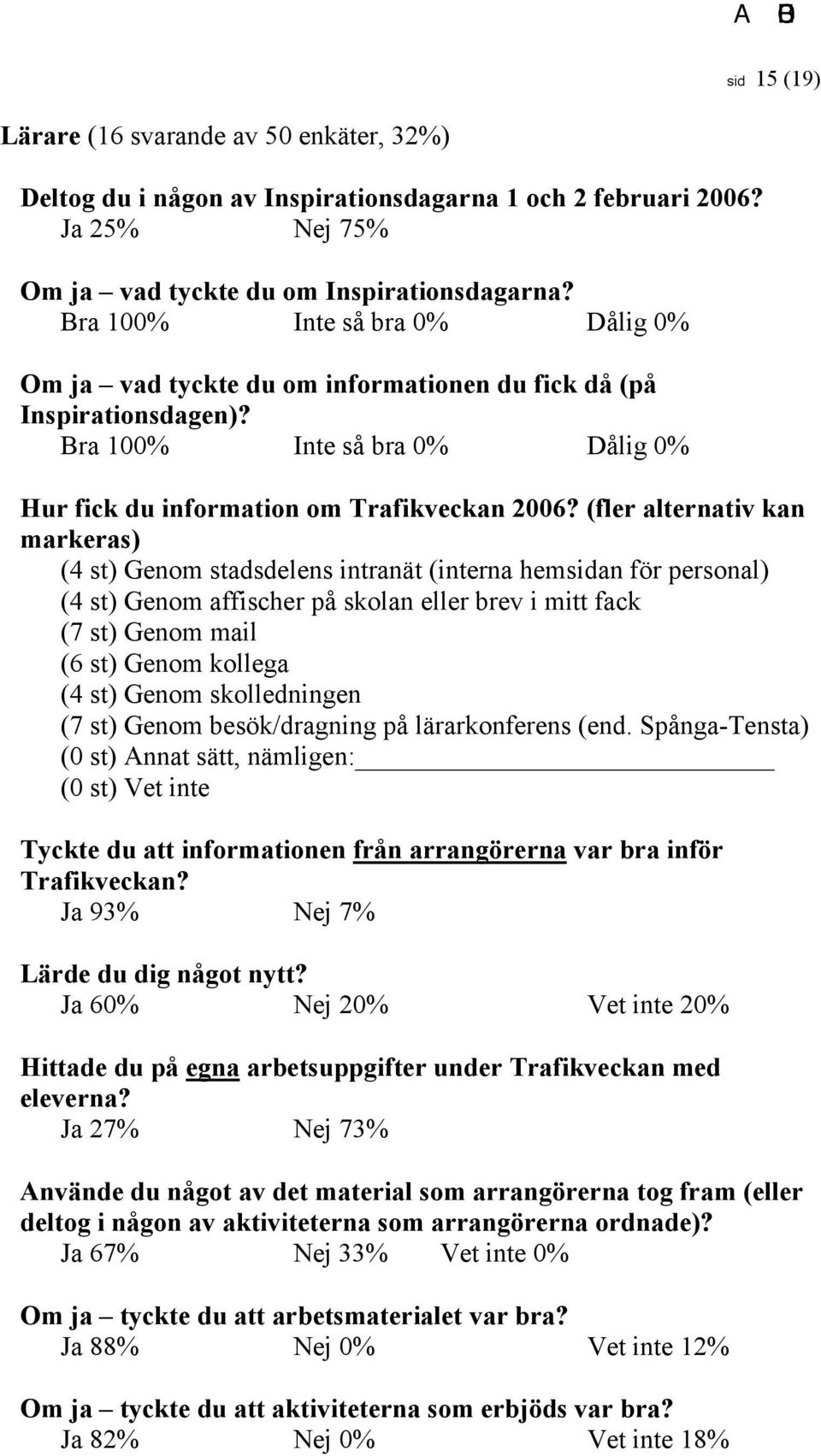 (fler alternativ kan markeras) (4 st) Genom stadsdelens intranät (interna hemsidan för personal) (4 st) Genom affischer på skolan eller brev i mitt fack (7 st) Genom mail (6 st) Genom kollega (4 st)