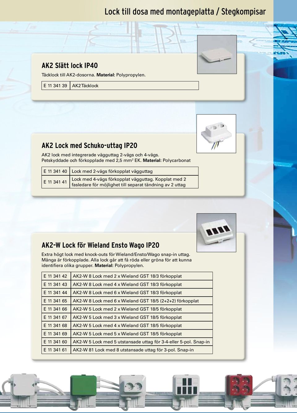 Material: Polycarbonat E 11 341 40 E 11 341 41 Lock med 2-vägs förkopplat vägguttag Lock med 4-vägs förkopplat vägguttag.