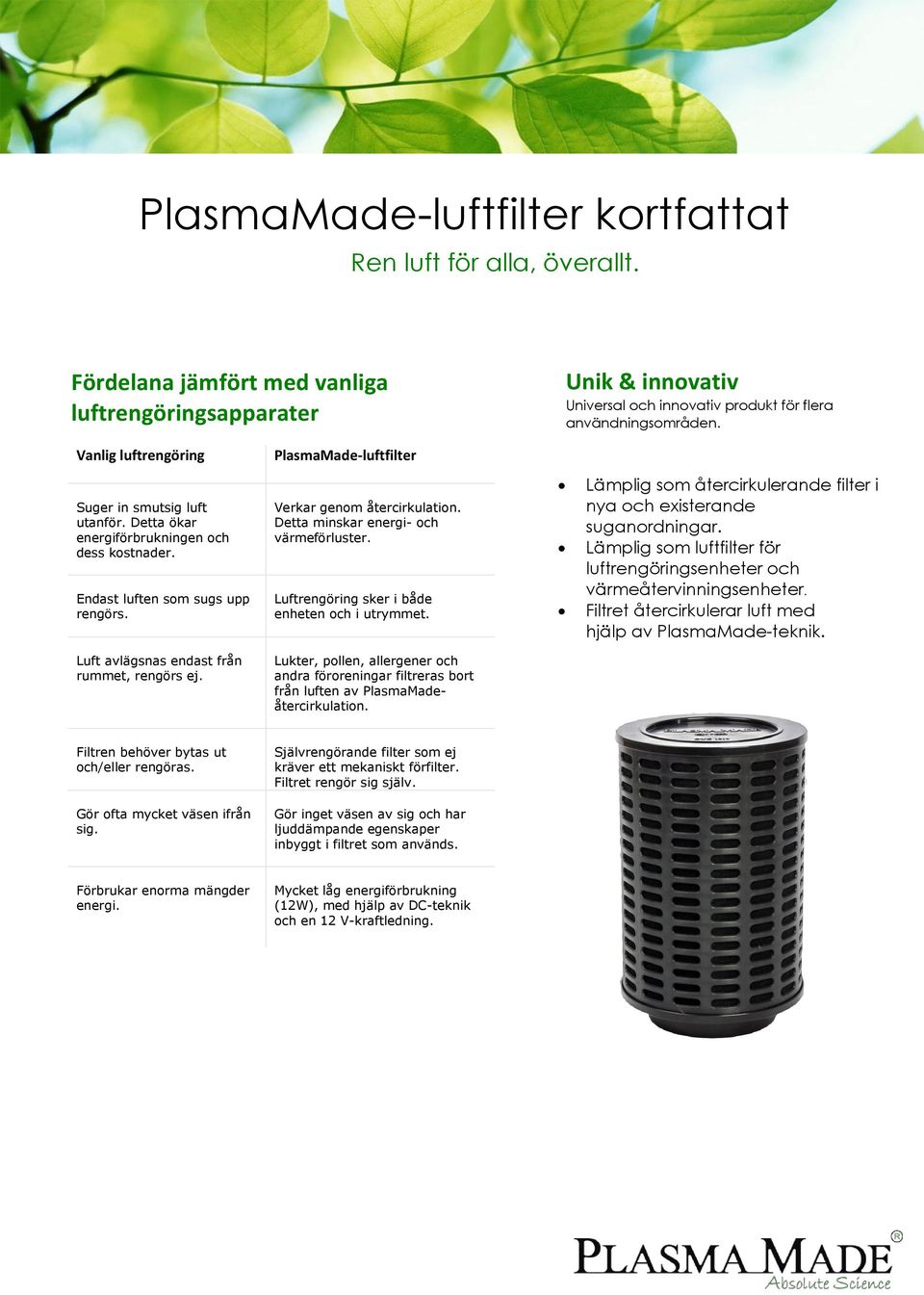 Detta minskar energi- och värmeförluster. Luftrengöring sker i både enheten och i utrymmet. Lämplig som återcirkulerande filter i nya och existerande suganordningar.