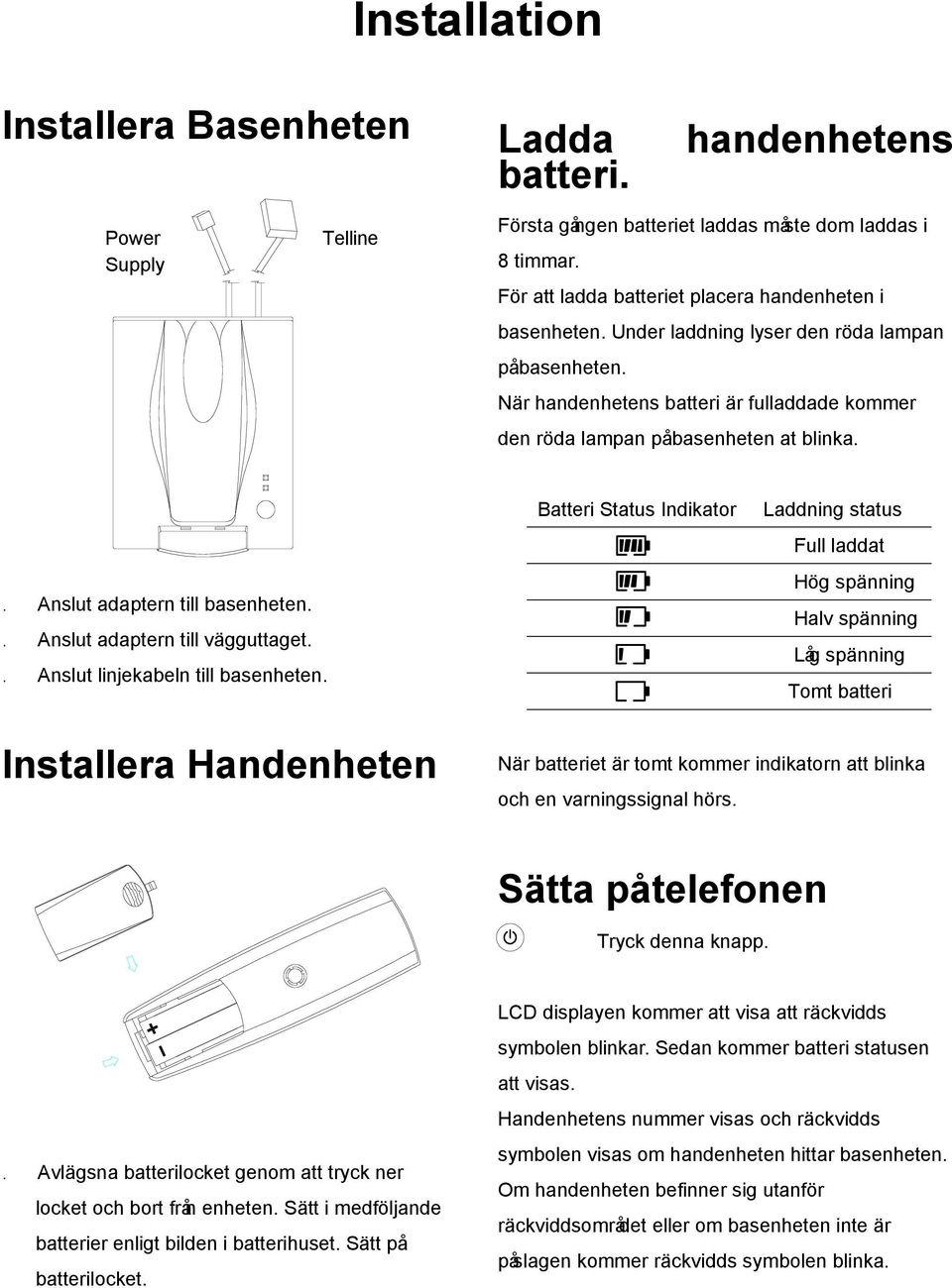 Anslut adaptern till basenheten. Anslut adaptern till vägguttaget. Anslut linjekabeln till basenheten.