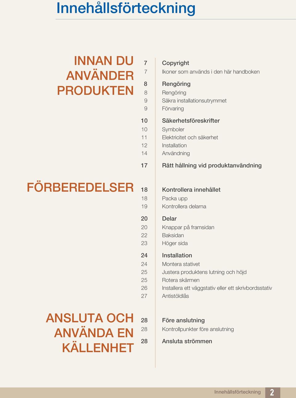 upp 19 Kontrollera delarna 20 Delar 20 Knappar på framsidan 22 Baksidan 23 Höger sida 24 Installation 24 Montera stativet 25 Justera produktens lutning och höjd 25 Rotera skärmen 26