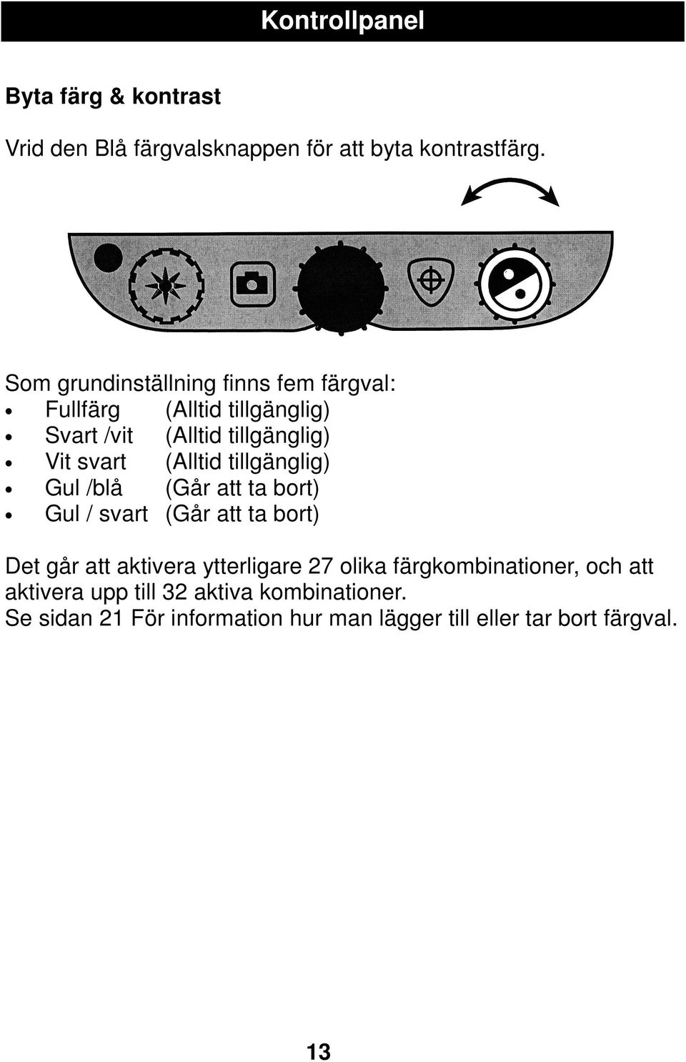 (Alltid tillgänglig) Gul /blå (Går att ta bort) Gul / svart (Går att ta bort) Det går att aktivera ytterligare 27