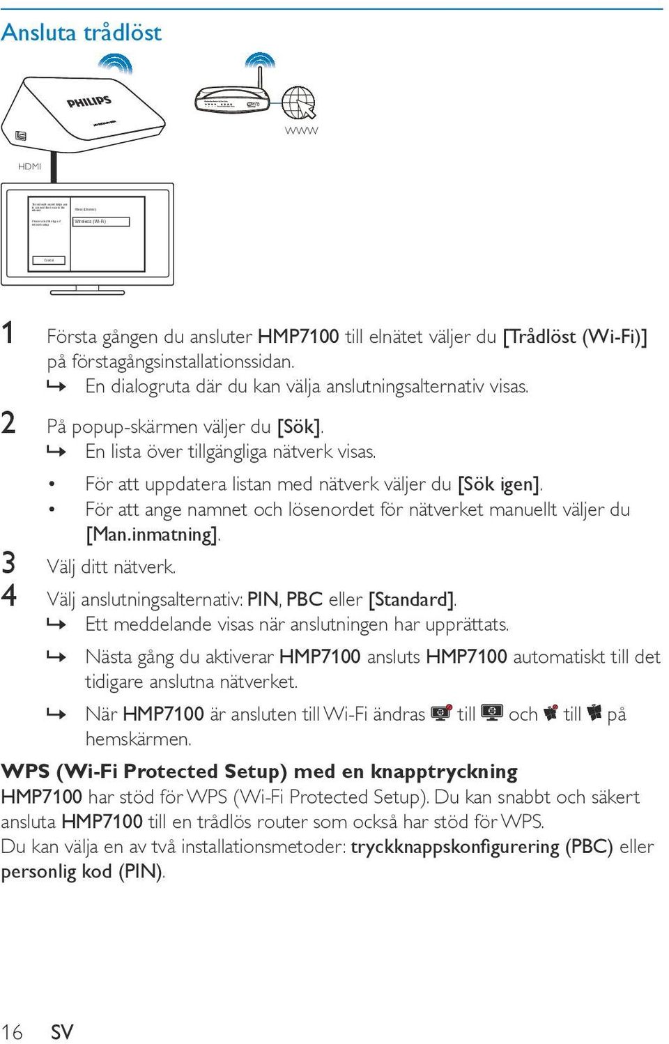 förstagångsinstallationssidan. En dialogruta där du kan välja anslutningsalternativ visas. 2 På popup-skärmen väljer du [Sök]. En lista över tillgängliga nätverk visas.