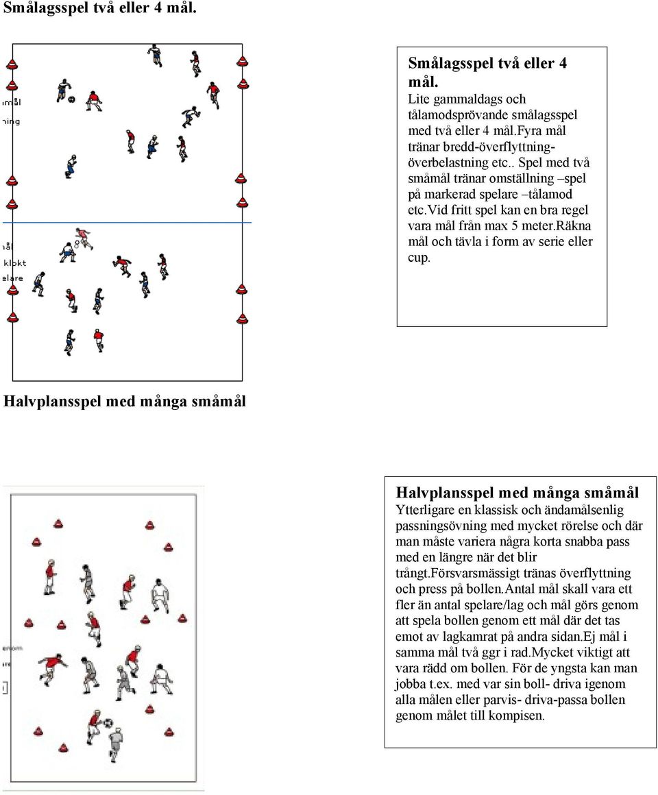 Halvplansspel med många småmål Halvplansspel med många småmål Ytterligare en klassisk och ändamålsenlig passningsövning med mycket rörelse och där man måste variera några korta snabba pass med en