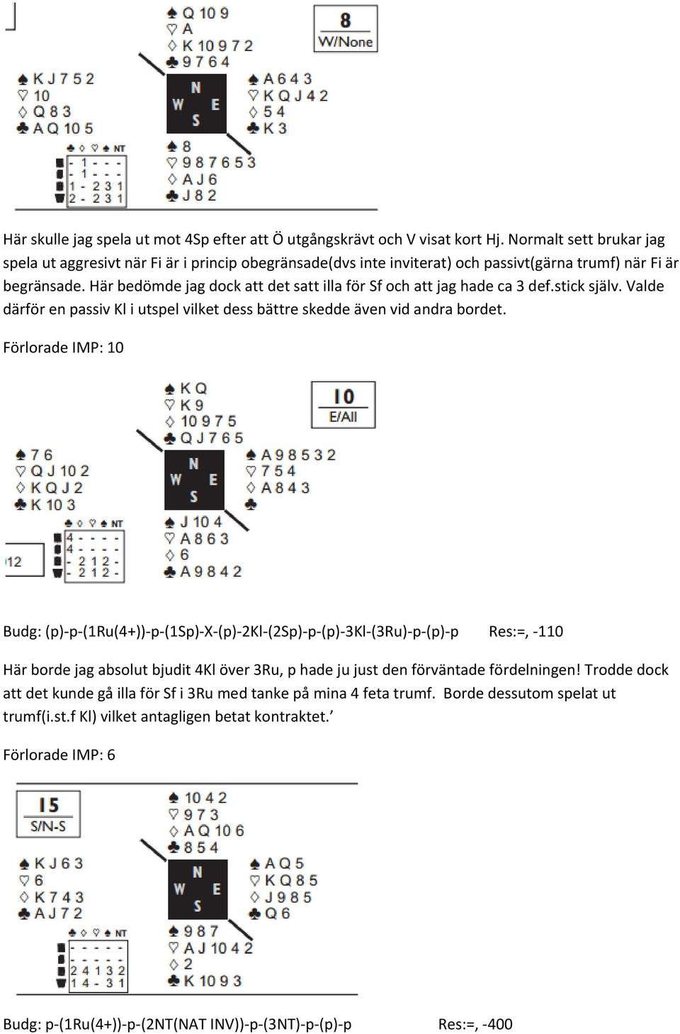 Här bedömde jag dock att det satt illa för Sf och att jag hade ca 3 def.stick själv. Valde därför en passiv Kl i utspel vilket dess bättre skedde även vid andra bordet.