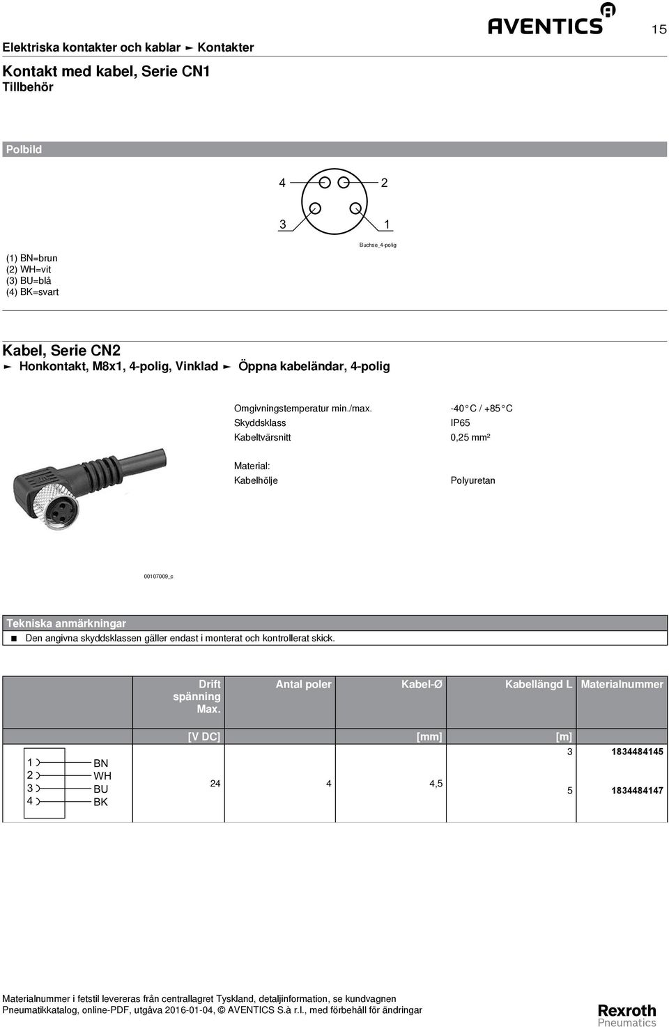 Skyddsklass Kabeltvärsnitt -0 C / +85 C IP65 0,5 mm² Material: Kabelhölje Polyuretan 0007009_c Tekniska anmärkningar Den angivna skyddsklassen gäller endast i