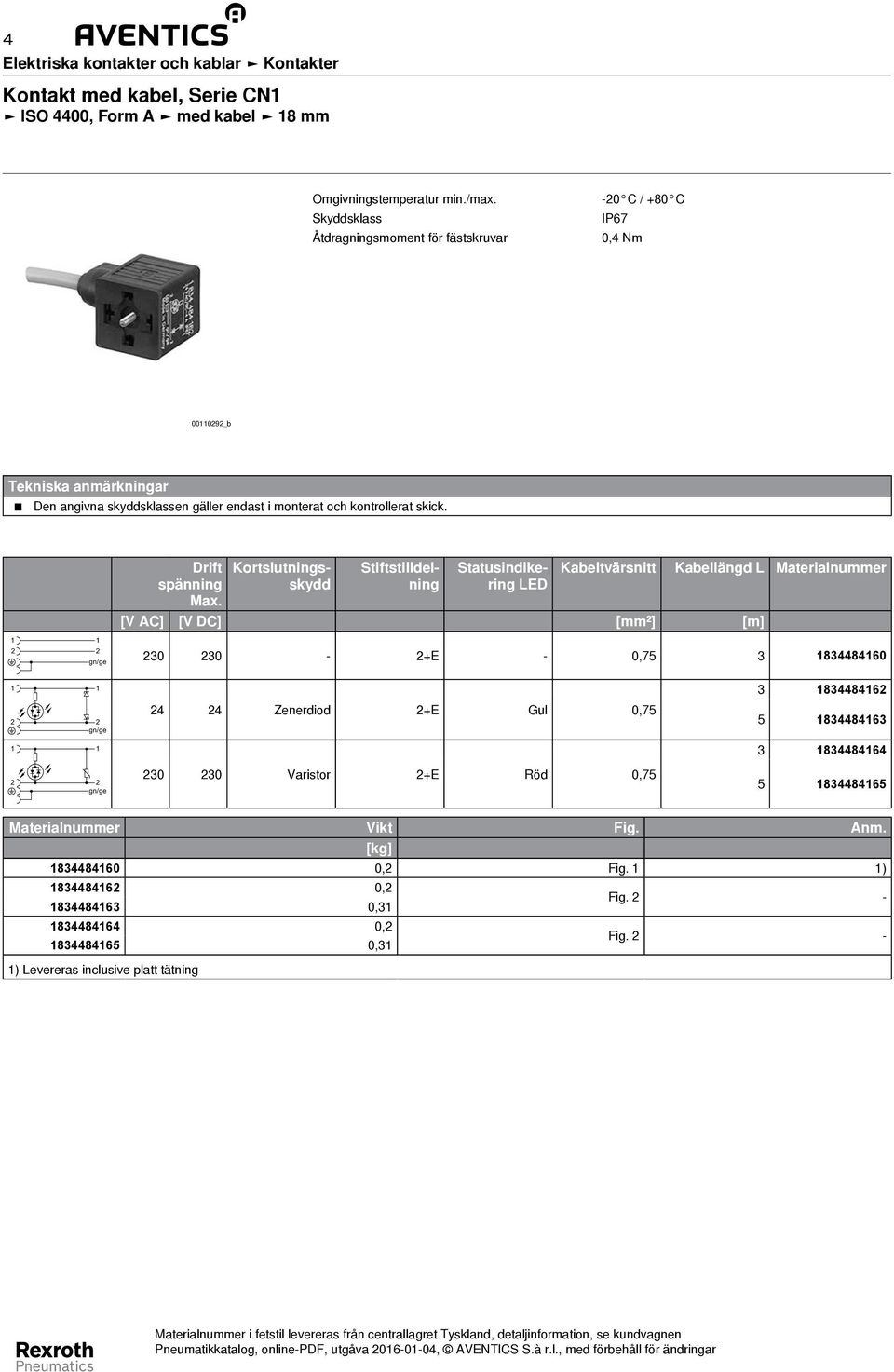 Kortslutningsskydd Stiftstilldelning Statusindikering LED Kabeltvärsnitt Kabellängd L Materialnummer [V AC] [V DC] [mm²] [m] gn/ge 30 30 - +E - 0,75 3 83860 3 8386 gn/ge Zenerdiod +E Gul 0,75 5 83863