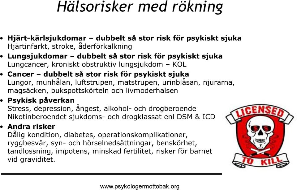 bukspottskörteln och livmoderhalsen Psykisk påverkan Stress, depression, ångest, alkohol- och drogberoende Nikotinberoendet sjukdoms- och drogklassat enl DSM & ICD Andra risker