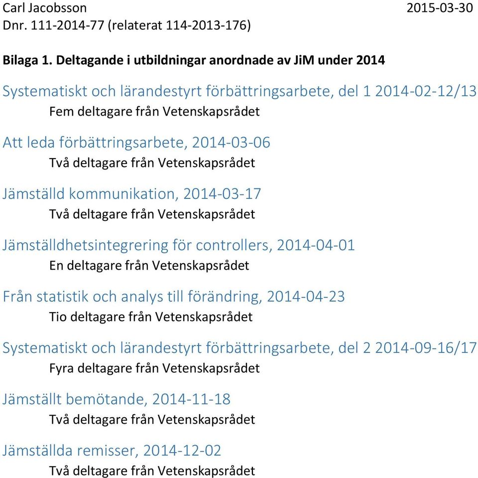 förbättringsarbete, 2014-03-06 Två deltagare från Vetenskapsrådet Jämställd kommunikation, 2014-03-17 Två deltagare från Vetenskapsrådet Jämställdhetsintegrering för controllers,