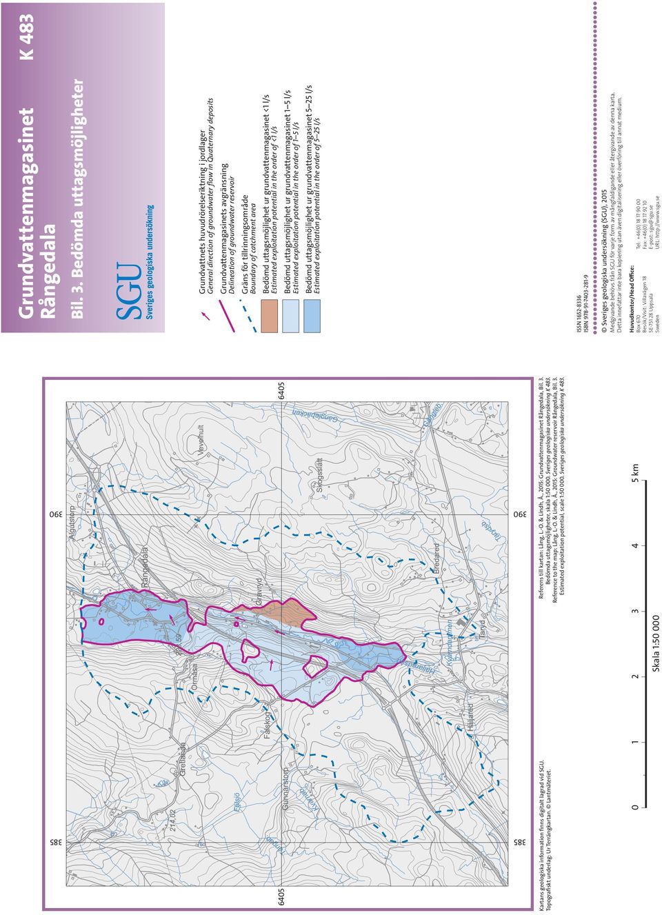 , 2015: Groundwater reservoir Rångedala, Bil. 3. Estimated exploitation potential, scale 1:50 000. Sveriges geologiska undersökning K 483.