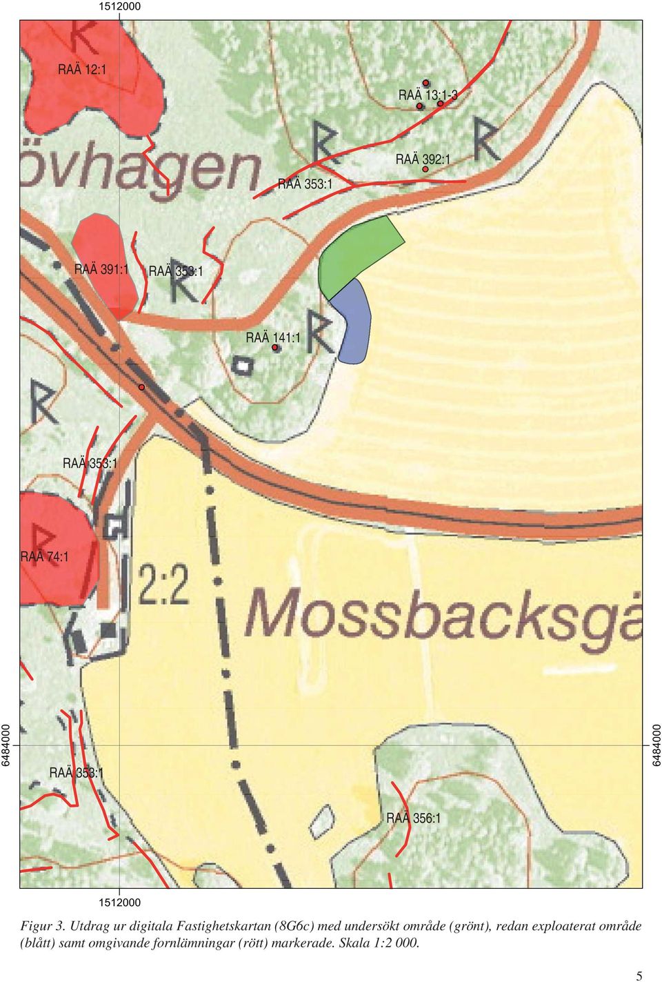 Utdrag ur digitala Fastighetskartan (8G6c) med undersökt område (grönt), redan