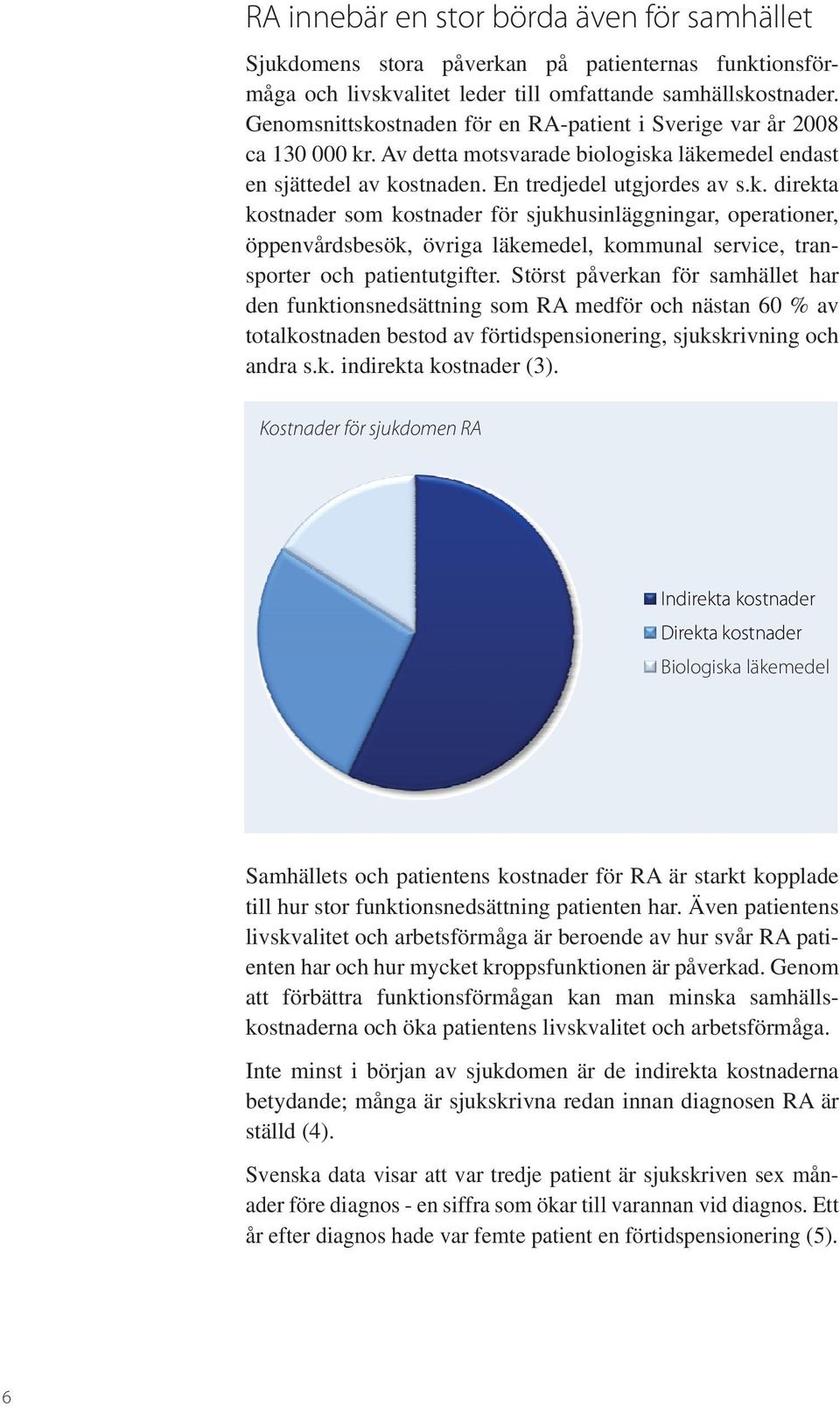 Störst påverkan för samhället har den funktionsnedsättning som RA medför och nästan 60 % av totalkostnaden bestod av förtidspensionering, sjukskrivning och andra s.k. indirekta kostnader (3).